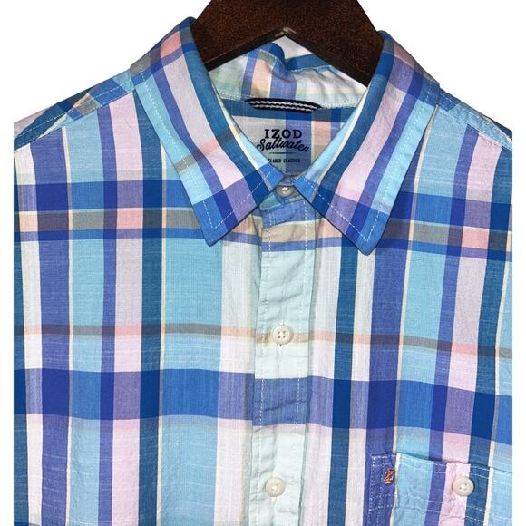 IZOD Saltwater Dockside Chambray Long Sleeve Button Down Plaid Shirt Men's M - Picture 2 of 8